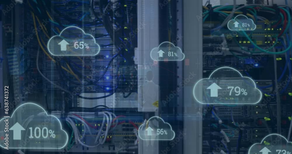 Poster animation of arrow and changing numbers in clouds over data server racks in server room