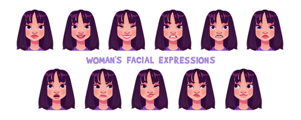 Fototapeta na wymiar Woman character face emotion cartoon vector set. Happy, sad, angry and smile different female person feeling avatar illustration. Various brunette hair teenager mood expression. Comic user head
