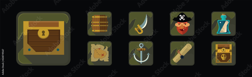 Poster pirate icons and web game object frames vector set