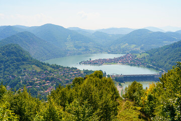 Fototapeta na wymiar Aerial view of Zvornik lake and hydroelectric plant