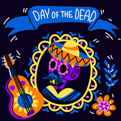 Vector postcard with an illustration of the Mexican holiday Dia de Muertos. A postcard with a traditional male portrait in a frame, calendula flowers, a guitar and the inscription Day of the Dead