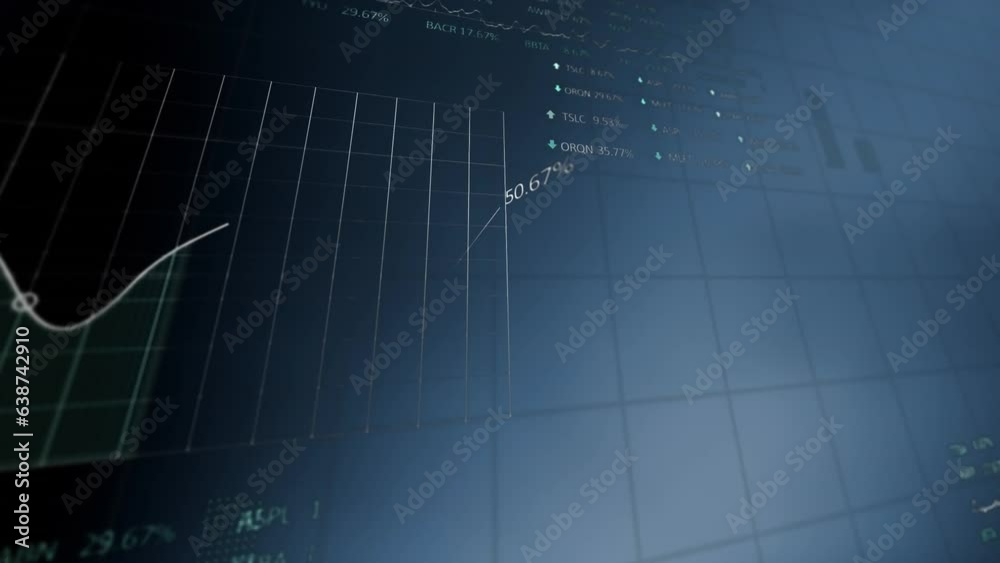 Poster animation of multiple graphs with changing numbers and trading boards over blue background