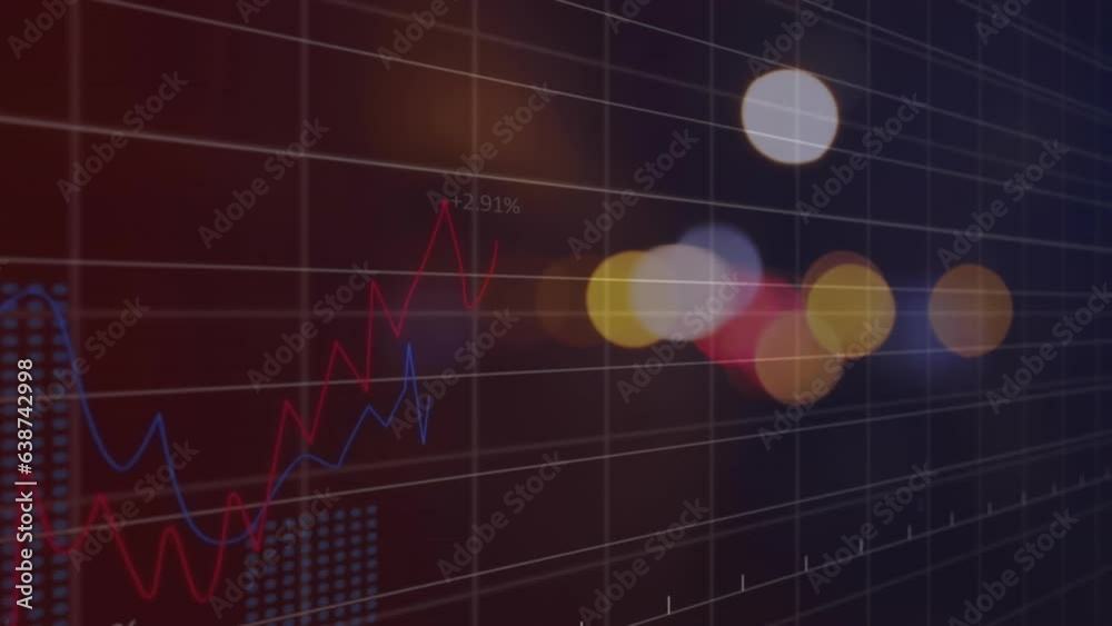 Poster animation of multiple graphs with changing numbers and grid pattern over lens flares
