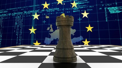 Animation of rook on chess board, european union flag, computer language, map over blue background - Powered by Adobe