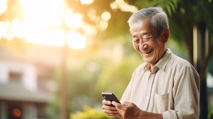 Fototapeta na wymiar シニアとスマホ、笑顔でスマートフォンを操作する日本人男性