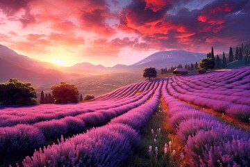 Wonderful lavender  field landscape at sunset field at sunset.  Generative AI - obrazy, fototapety, plakaty