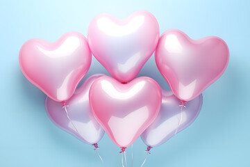 Pink heart shape balloons isolated on blue background