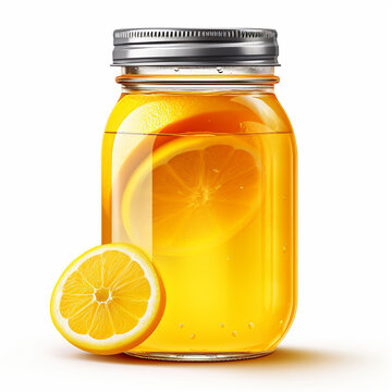Delicious lemon juice in mason jar on white background, ai technology