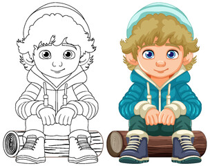 Cheerful Boy in Cartoon Hoodie Sitting on Wooden Log