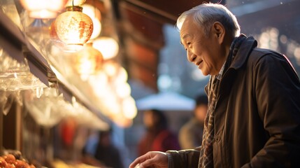 Fototapeta premium シニアの買い物、市場で買物をする日本人男性