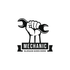 Hand holding wrench logo design vector. Mechanic logo
