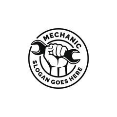 Hand holding wrench logo design vector. Mechanic logo