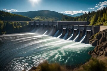 Hydropower dam generating clean energy from flowing water - obrazy, fototapety, plakaty