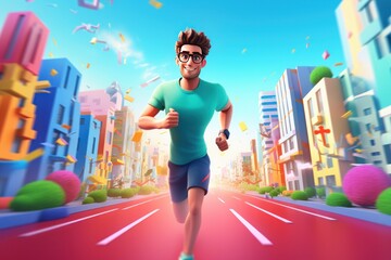Fototapeta na wymiar Man Running Marathon on Green City Road 3d Render, Cute Runner Running For Healthy Life Concept. Generative Ai