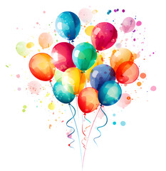 Colorful party balloons watercolor illustration isolated on white background