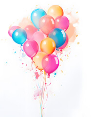 Colorful party balloons watercolor illustration isolated on white background
