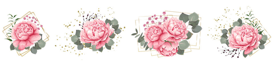 Vector Floral Collection. Pink peonies, eucalyptus, glitter, sequins, gold geometric shapes. Floral arrangements on white . Vector illustration © Alena