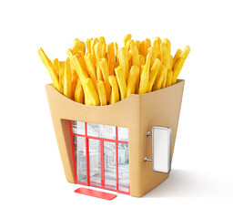 Fast food concept. Store in form of fried potato box with sauce. 3d illustration