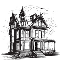 scary house silhouette sketch. Mystical house with monsters and ghosts for Halloween. creepy house. Vector illustration for the store. The tattoo is isolated on a white background.