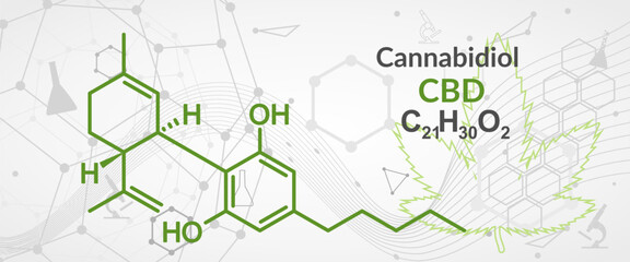 Fototapeta premium Cannabidiol or CBD molecular structural chemical formula. Futuristic science backdrop. Pharmacology concept
