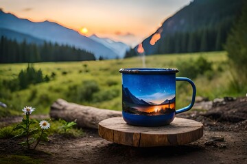 Metal campfire enamel mug with herbal tea on campfire. A cup of water boiling over a fire and a flame. Preparing food on campfire in wild camping.4k, 8k, 16k, full ultra hd resolution lanscape image.
