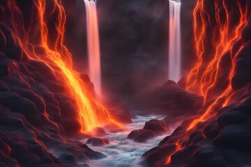 waterfall and burning lava in volcano area