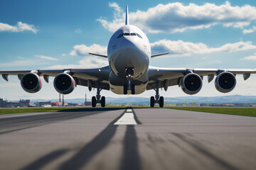 Naklejka premium Airline Airbus, aeroplane on airport runway, airplane is flying over a runway