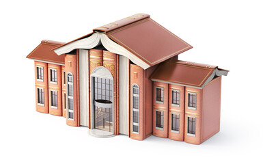 Education concept. Book stack in form of school. 3d illustration