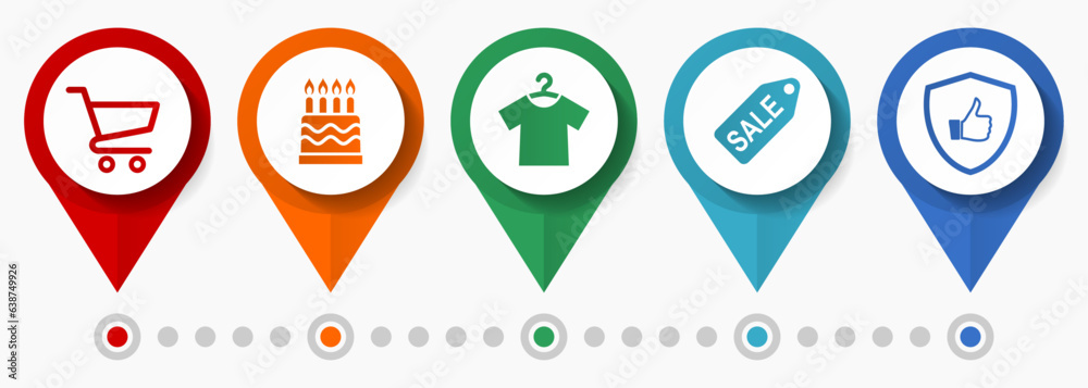 Poster shop icon set, flat design miscellaneous pointer icons such as shopping cart, birthday cake, clothes