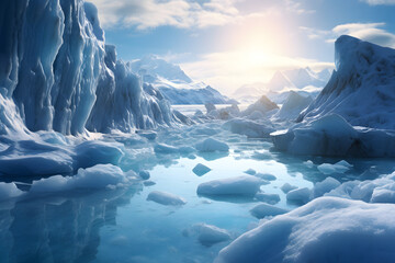 Glacier, turquoise ice caves, frozen landscapes