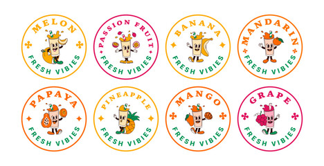 Set of stickers characters of fruit drink from mango, lemonade, pineapple, melon, passionfruit, banana, mandarin, papaya, grape. Isolated vector labels of mascots on transparent background