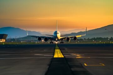 Airline Airbus, aeroplane on airport runway, airplane is flying over a runway