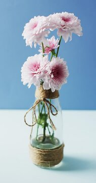 Vertical video of pink and white flowers in glass vase with copy space on blue background