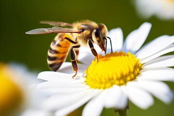 Bee and flower. Close up of a bee collecting honey on a daisy flower on a sunny day. 