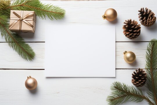 Christmas greeting blank card with mockup space on white wooden table. Space for text. Generative AI.