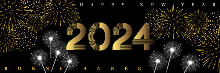 2024 - Bannière pour la nouvelle année dans une ambiance de fêtes nocturnes avec des feux d’artifices et des cierges magiques - texte Français et anglais, traduction : bonne année.