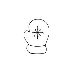 Hand-drawn winter mitten with a snowflake on it. Doodle element on white. background. Christmas Vector illustration