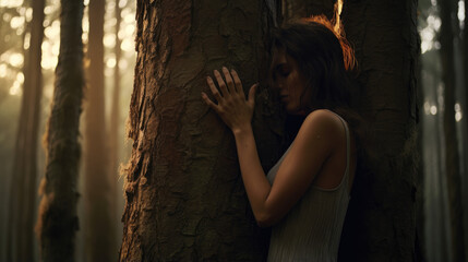 woman hugging tree, people love nature and protect from deforestation or pollution or climate change concept, Generative AI