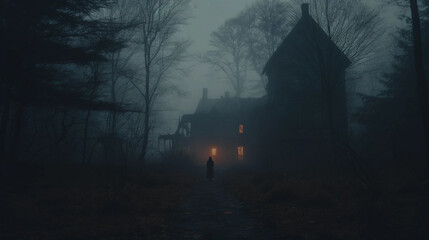 The Silhouette of a Person Standing Outside of a Scary House in a Foggy Forest