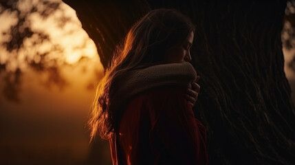 woman hugging tree, people love nature and protect from deforestation or pollution or climate change concept, Generative AI