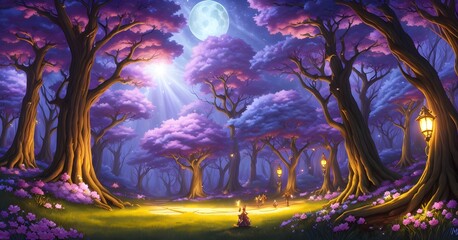 Obraz na płótnie Canvas fantasy forest, night lights, moon rays