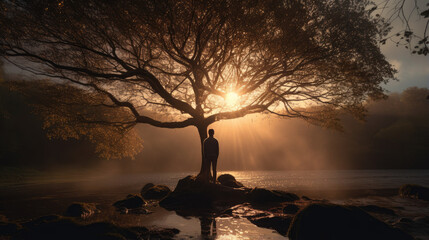 silhouette of a man and a big tree, Generative AI