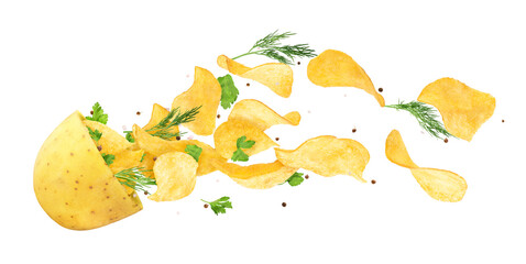 Chips with herbs and spices fly out of potatoes on a white isolated background