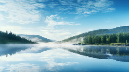 Fototapeta na wymiar view of lake. Bright morning scene, clear reflection, Generative AI