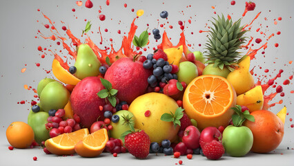 Viele Früchte mit bunten Wasserspritzern