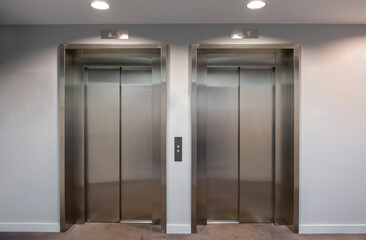 Elevators lobby, Stainless steel lifts with closed doors front view.