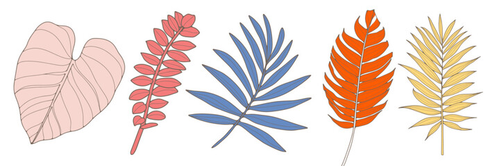 Set of various tropical branches and leaves on a white background. Tropical leaves for decor, designs and patterns. Bright leaves on a white background.