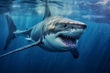 The King of the Ocean, The Great White male shark Hunter underwater view, Guadalupe island, Mexico.  - obrazy, fototapety, plakaty