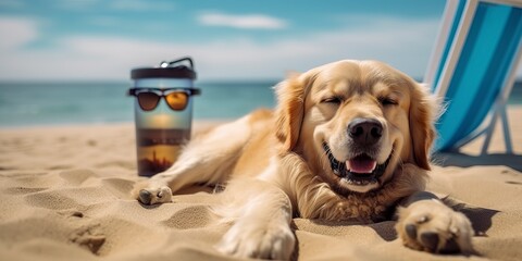 Golden Retriever dog is on summer vacation at seaside resort and relaxing rest on summer beach of Hawaii. 