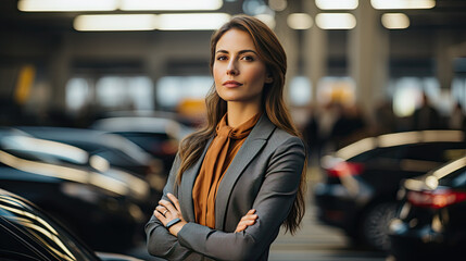 A young business woman in a suit in a car parking garage.